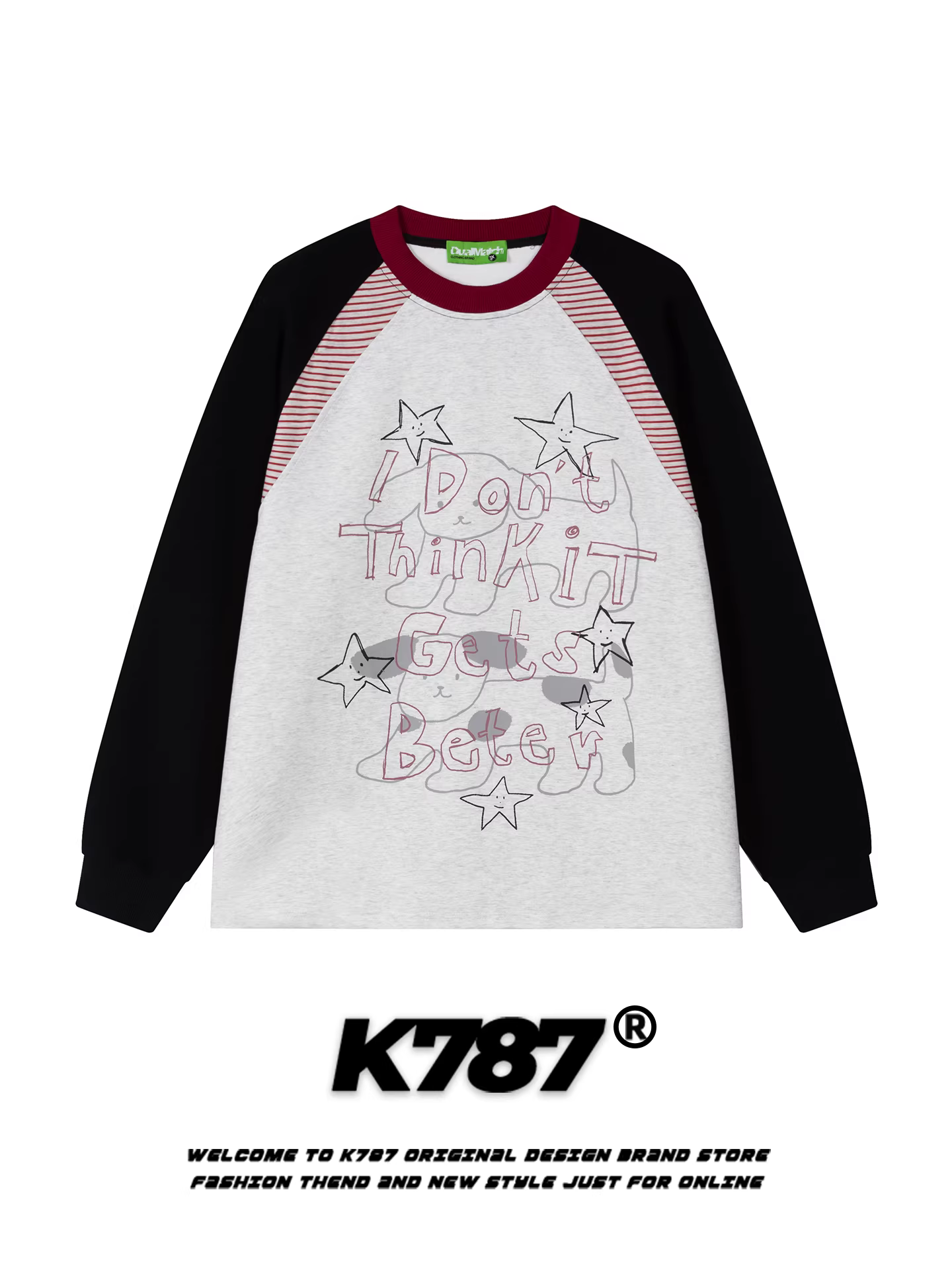 Áo thun dài tay raglan họa tiết chó hoạt hình cổ điển Mỹ K787 dành cho nam và nữ, áo kiểu dáng rộng rãi, xu hướng quốc gia, phong cách lười biếng cho mùa thu.