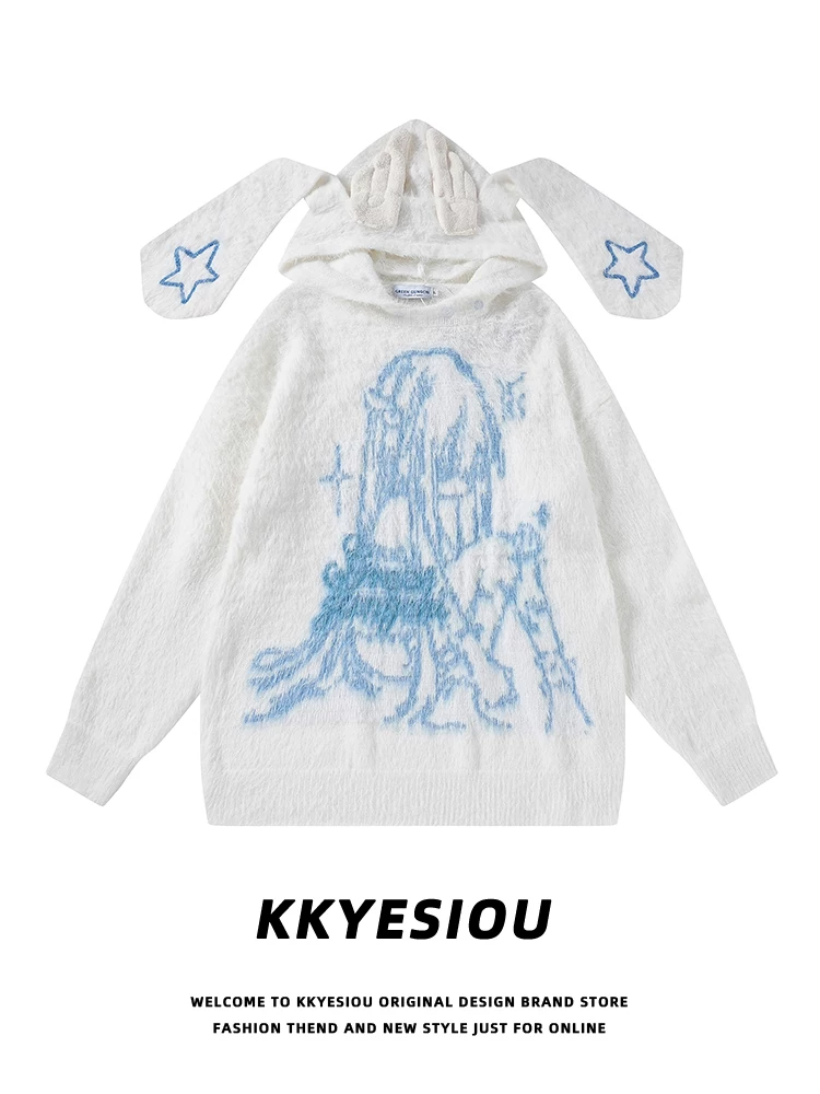 Áo hoodie dệt kim hoạt hình anime kiểu Nhật KKyesiou dành cho nam và nữ, kiểu dáng rộng, áo khoác tai thỏ đôi