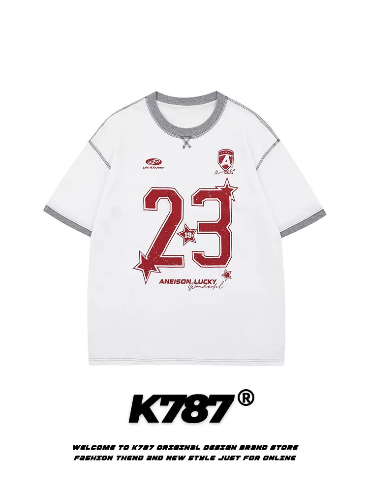 K787 Áo thun thể thao ngắn tay raglan cổ điển kiểu Mỹ dành cho nam và nữ, áo thun dáng rộng đa năng phong cách đại học dành cho cặp đôi