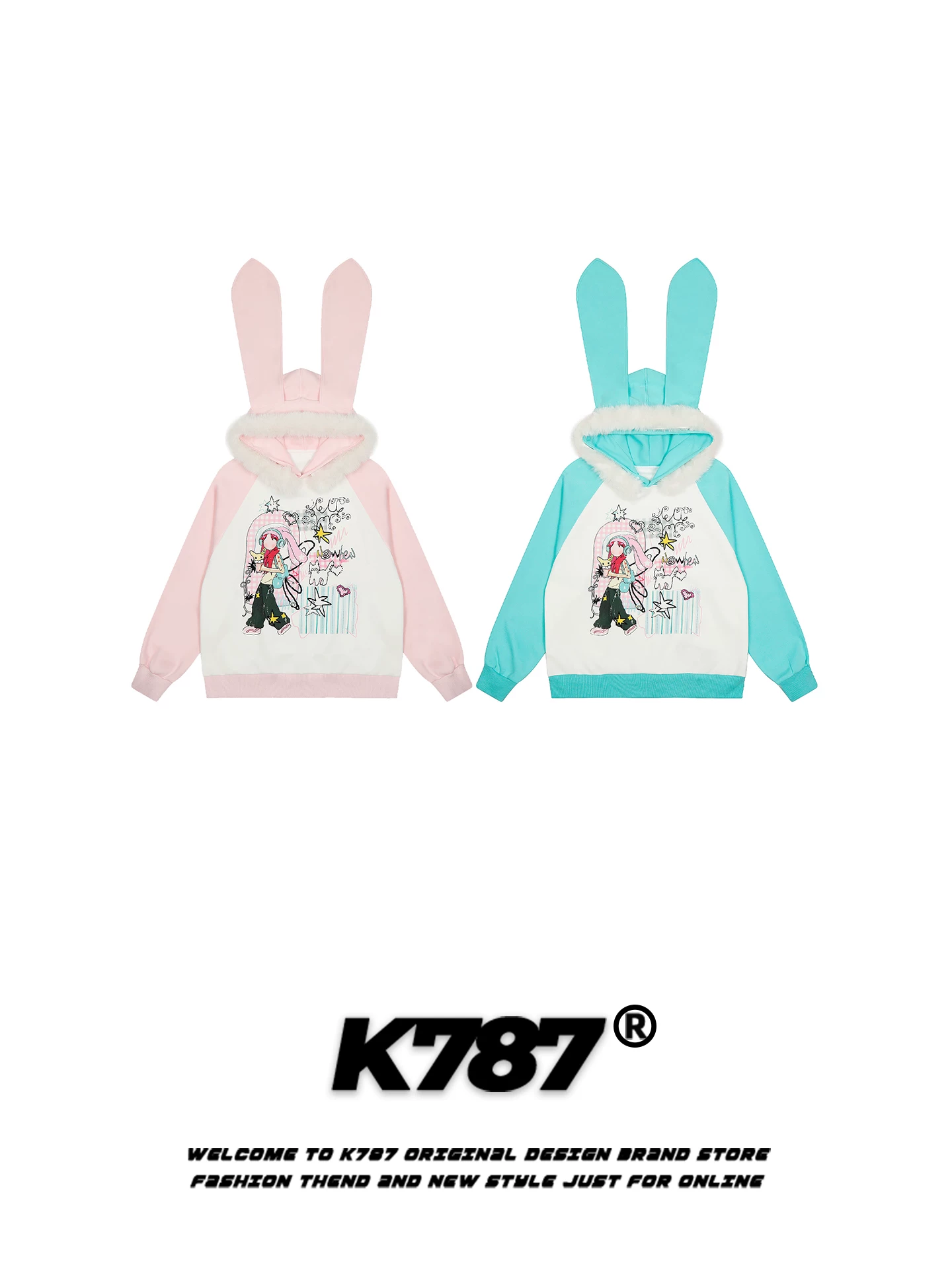 Áo khoác hoodie nữ K787 kiểu Mỹ, tai thỏ, cổ lông, phong cách Á nhẹ nhàng, kiểu Y2K, phối màu, áo khoác năng động