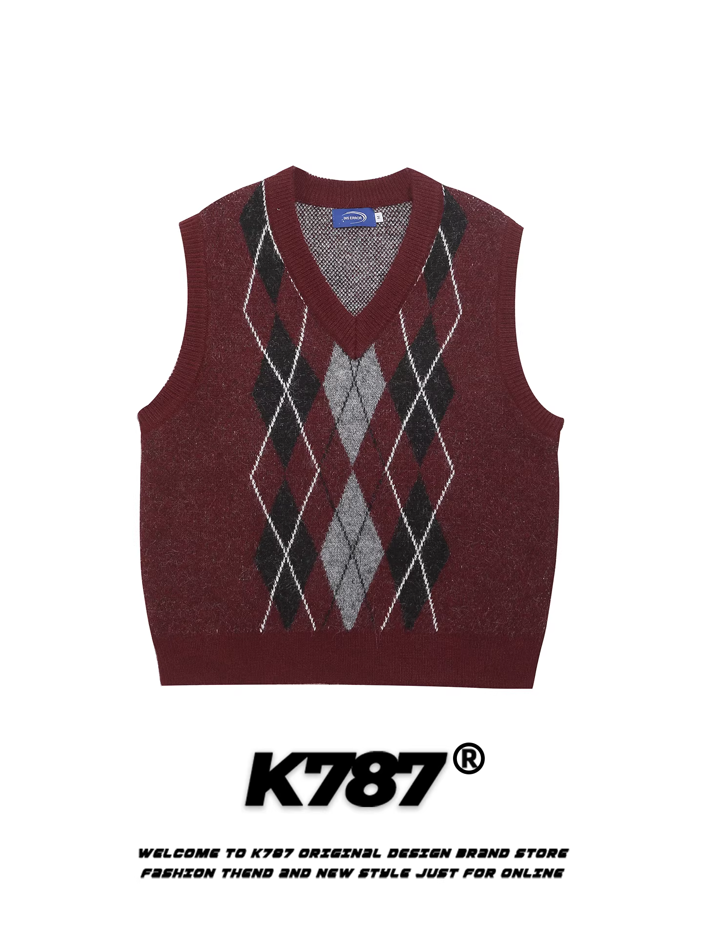 Áo gile không tay cổ chữ V họa tiết kim cương kiểu Mỹ cổ điển K787 dành cho nam và nữ, áo len dệt kim dáng rộng phong cách đại học giản dị cho mùa thu.