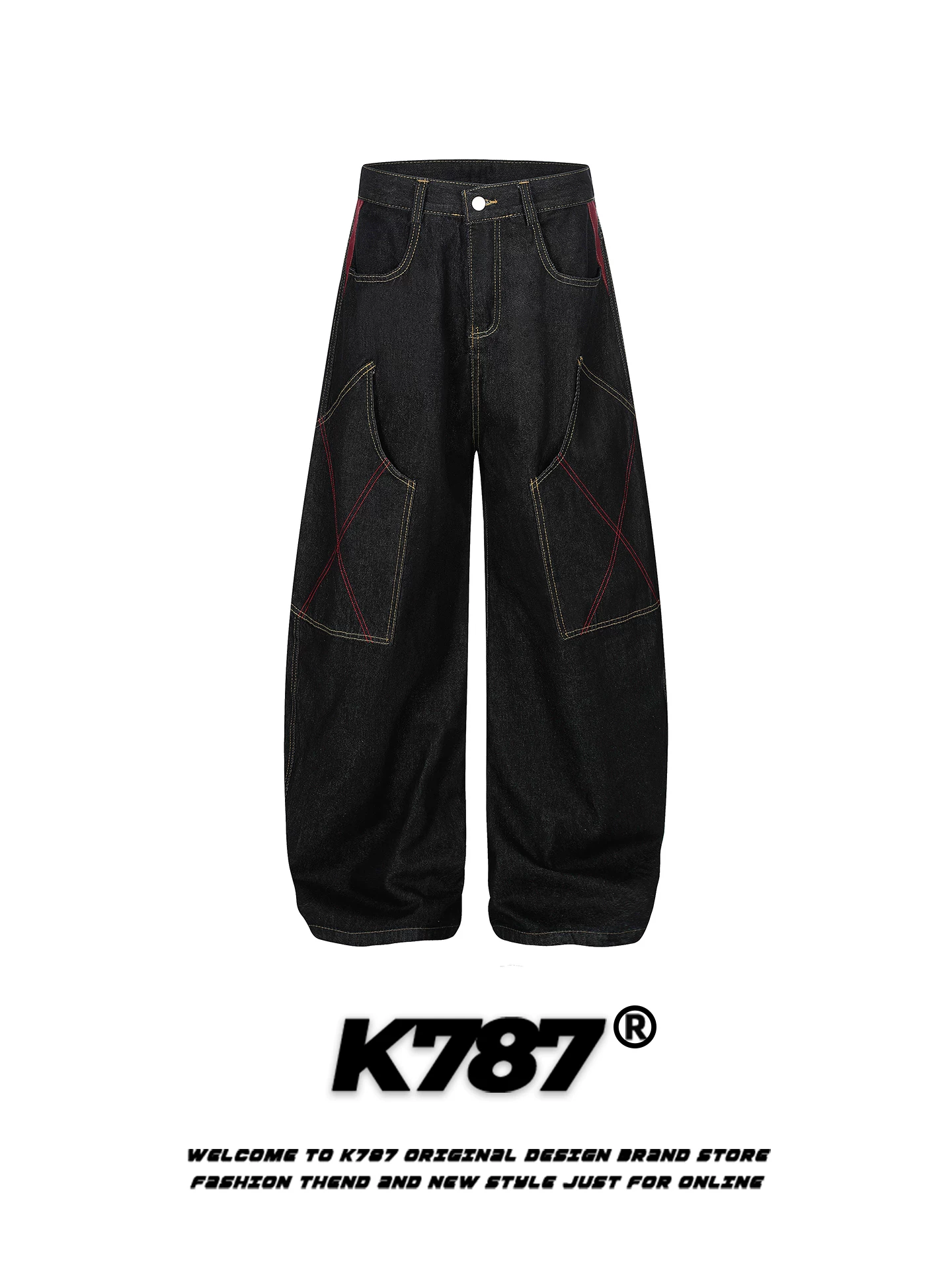 Quần jeans K787 kiểu Mỹ cổ điển, xước mài, dáng scimitar dành cho nam và nữ, nhiều túi, quần ống rộng lưng cao, phong cách thoải mái.