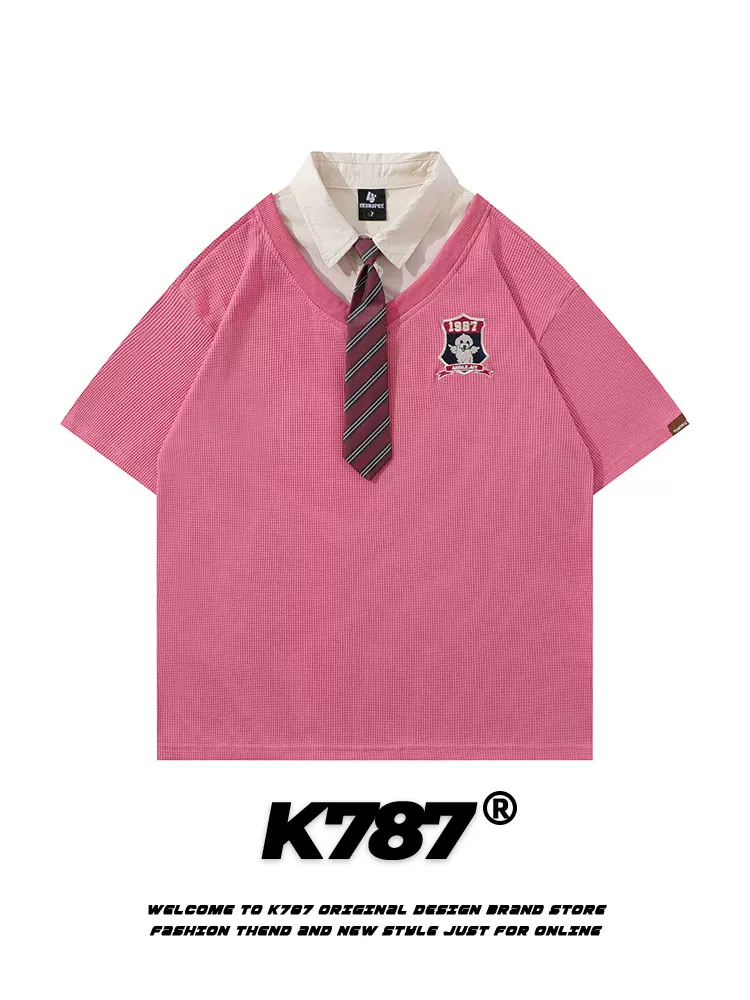 K787 Áo sơ mi POLO phong cách đại học đa năng theo phong cách retro Mỹ dành cho nam và nữ, áo thun ngắn tay giả hai mảnh có dây buộc thông thường