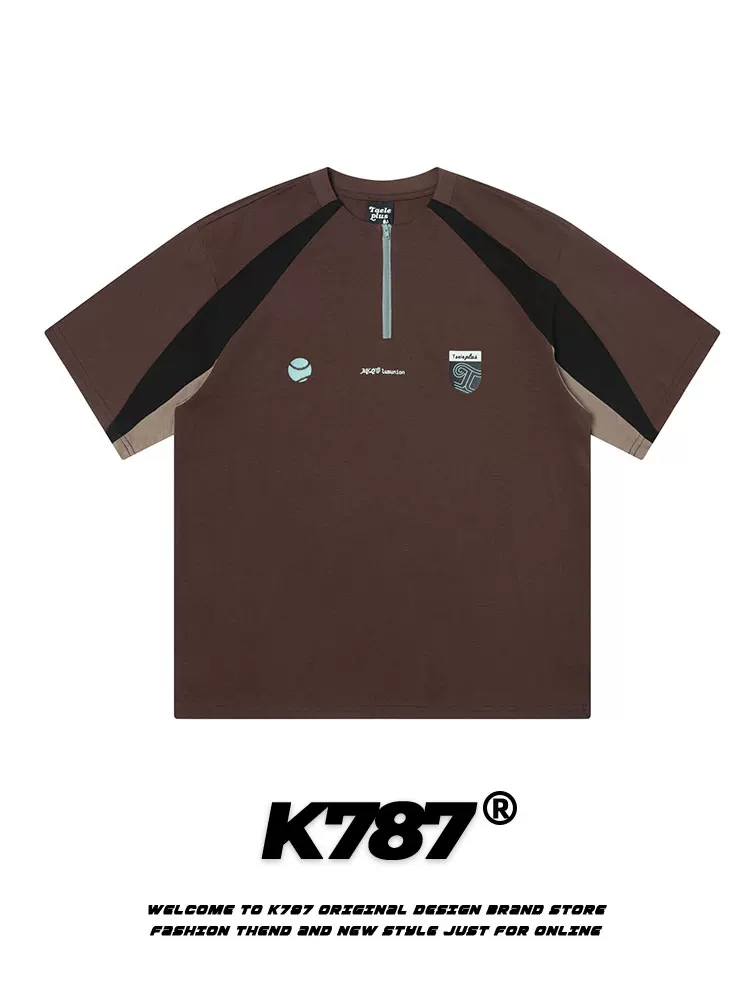 Áo thun ngắn tay raglan thể thao cổ điển Mỹ K787 dành cho nam và nữ, áo raglan phối màu nửa khóa kéo phong cách y2k dành cho cặp đôi