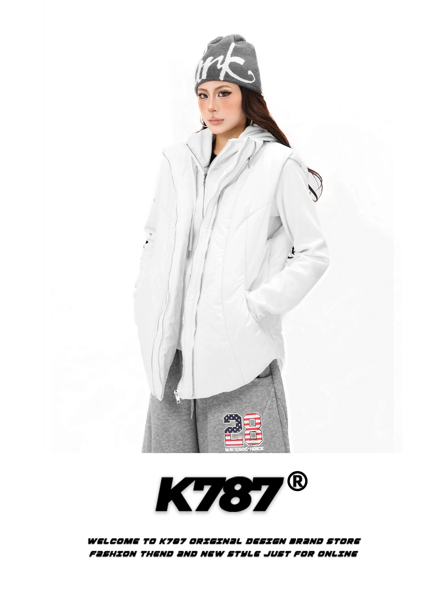 Áo khoác vest cổ đứng dày dặn kiểu retro Mỹ K787 dành cho nam và nữ, mặc nhiều lớp để giữ ấm, có đường may ép và xếp ly bằng vải cotton.