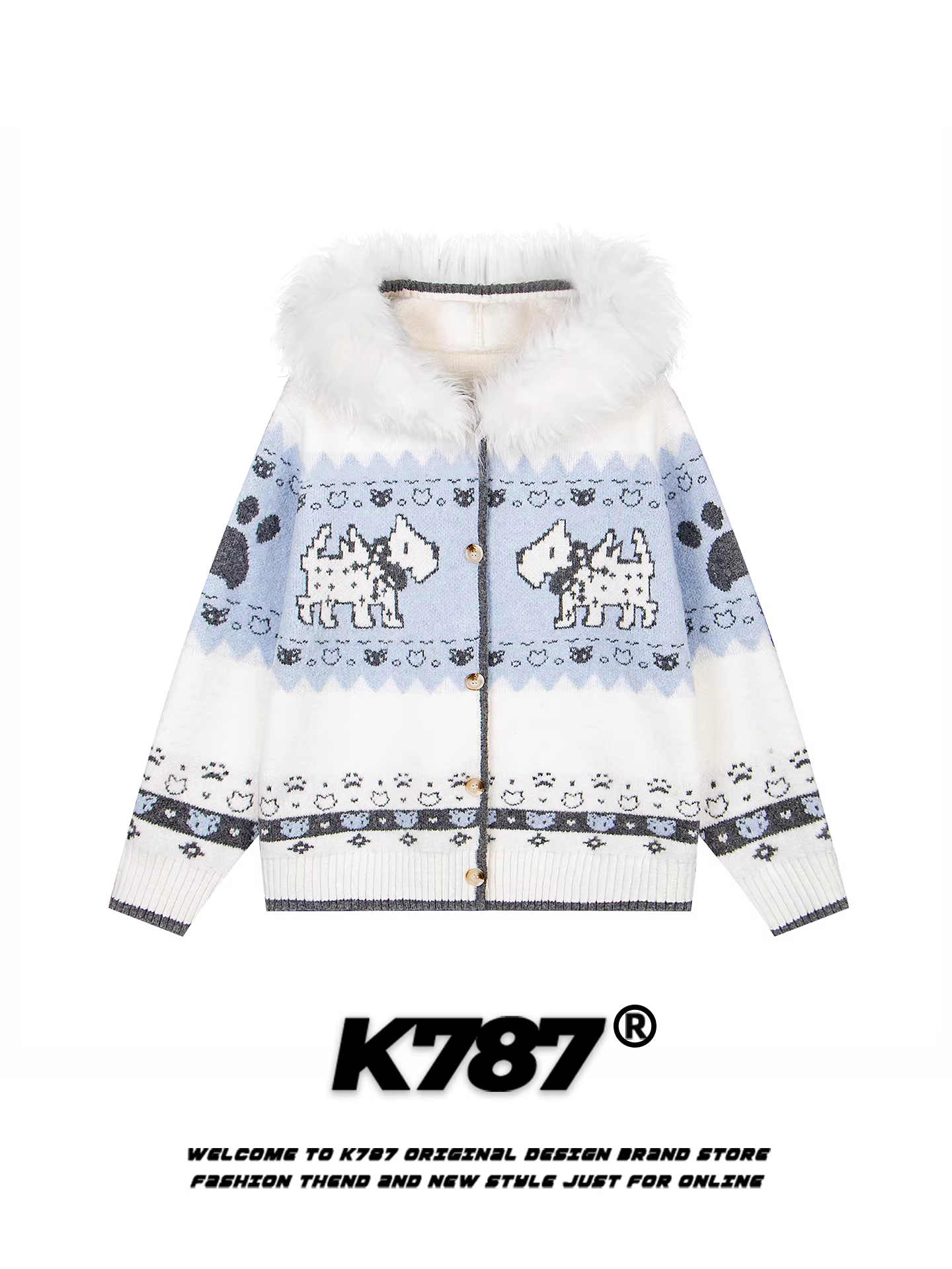 Áo len có mũ trùm đầu, cổ lông thú dệt jacquard phong cách đường phố Mỹ K787 dành cho nam và nữ, kiểu dáng rộng rãi, thoải mái, áo khoác cặp đôi dệt kim.