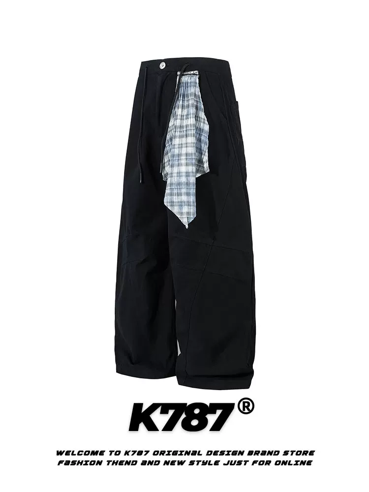 Quần âu kiểu đường phố retro Mỹ K787, phối dây, chất liệu kaki, unisex, dáng rộng, màu trơn, phong cách hip-hop, ống thẳng