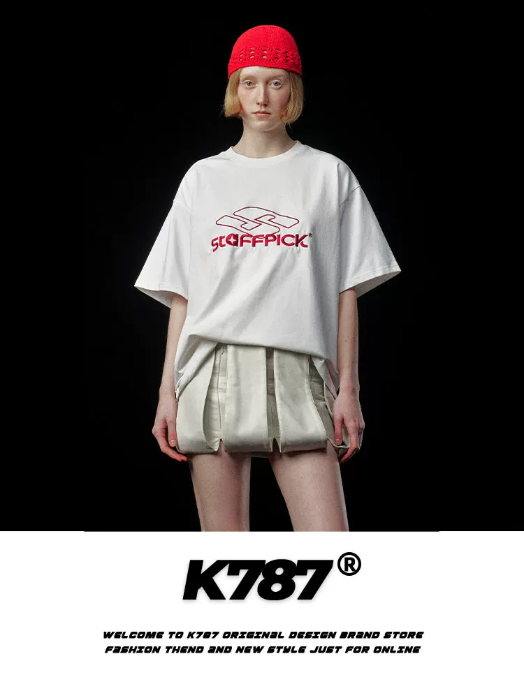 K787 Áo thun ngắn tay thêu phong cách retro kiểu Mỹ dành cho nam và nữ, áo thun ngắn tay phong cách đường phố đa năng dành cho cặp đôi mùa hè