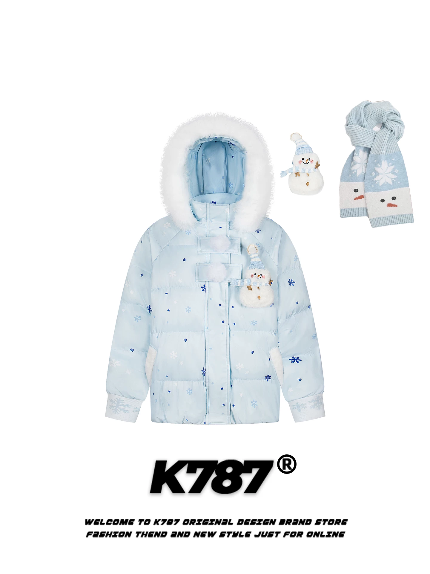 Áo khoác cotton dày giữ ấm mùa đông kiểu Mỹ K787, in họa tiết bông tuyết toàn thân, có mũ trùm đầu và cổ lông, kiểu dáng người tuyết.