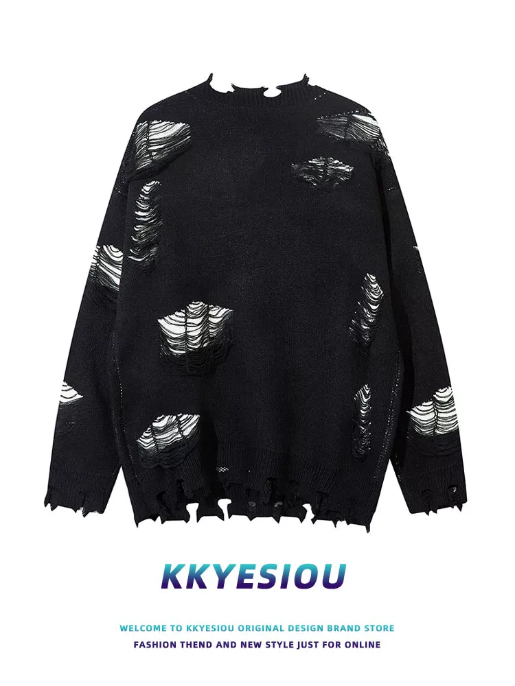 Áo len dệt kim phối mảng vá dây xích rách kiểu retro thời thượng của thương hiệu KKyesiou, unisex, dáng rộng, dành cho cặp đôi
