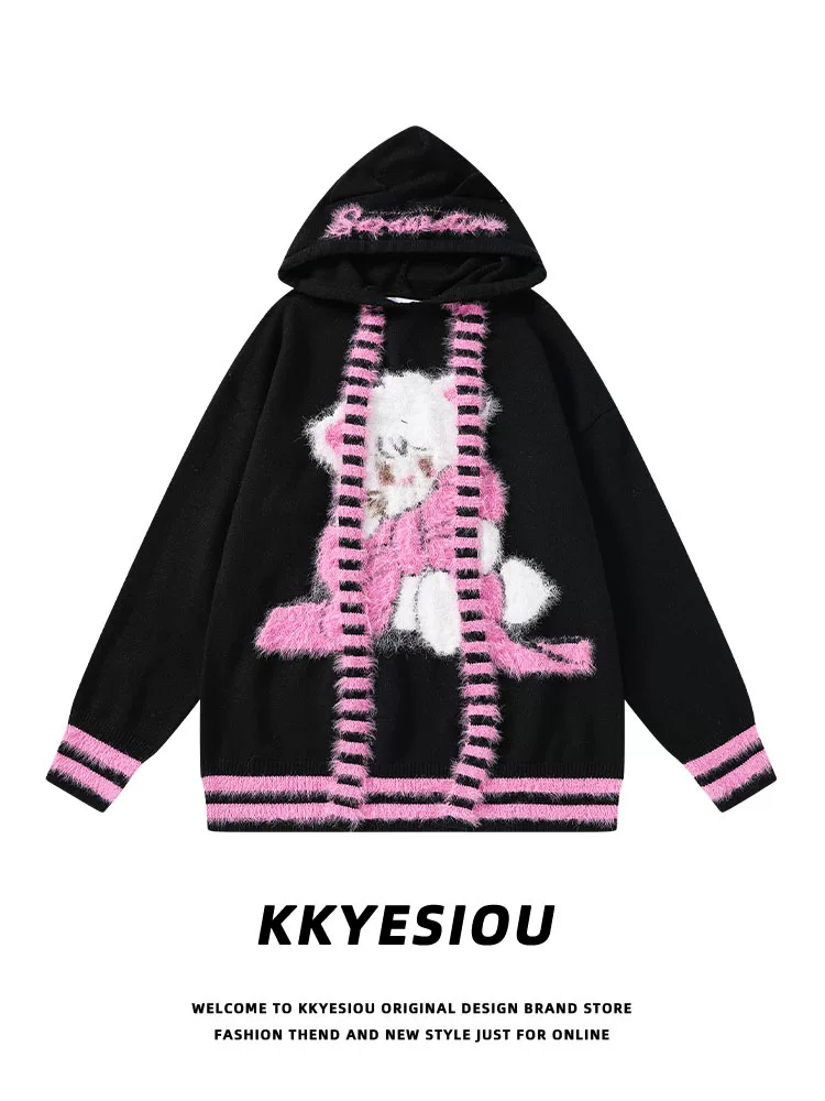 Áo hoodie unisex họa tiết mèo retro Mỹ, chất liệu nhung, kiểu nhuộm tie-dye, chất liệu len dopamine, dành cho cặp đôi