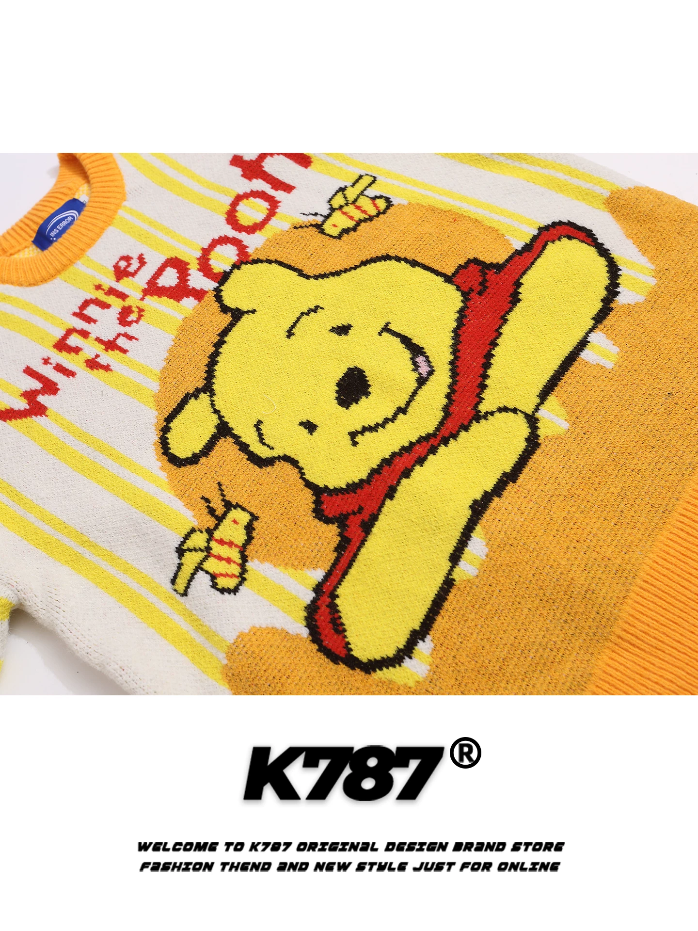 Áo len cổ tròn phối màu hoạt hình Winnie the Pooh kiểu Mỹ K787, unisex, dáng rộng, mặc cặp đôi, chất liệu dệt kim