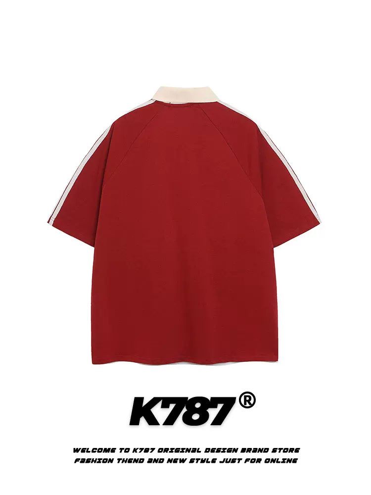 Áo thun polo unisex K787 kiểu Mỹ cổ điển, sọc, in chữ, phong cách đường phố, đa năng, thường ngày, mùa hè 2025, cổ trụ, tay ngắn