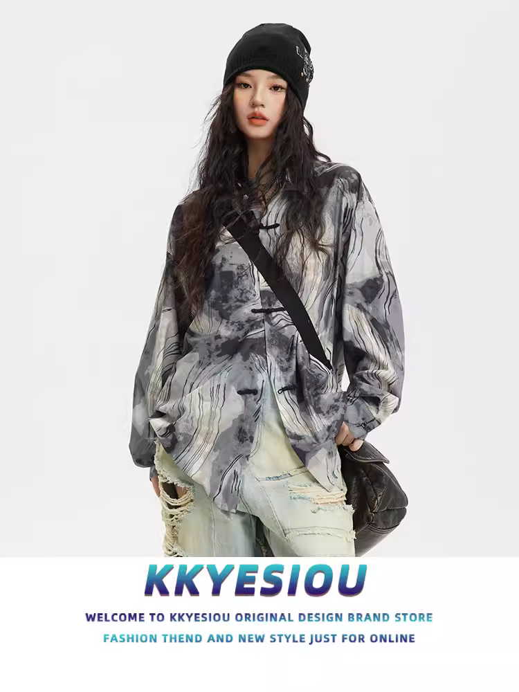 Áo thun dài tay in tranh mực kiểu Trung Quốc KKyesiou dành cho nam và nữ thiết kế cổ điển áo khoác cặp đôi