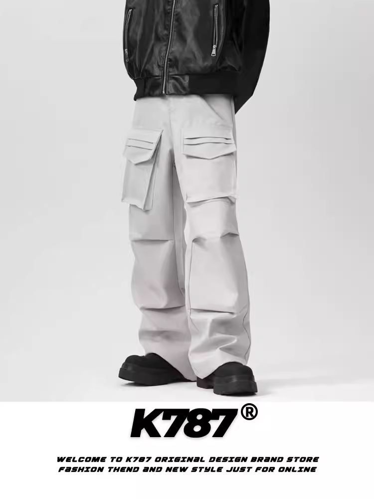 Quần cargo xếp ly đa túi phong cách retro Mỹ K787 dành cho nam và nữ, thiết kế màu trơn đa năng phong cách đường phố, dáng thẳng