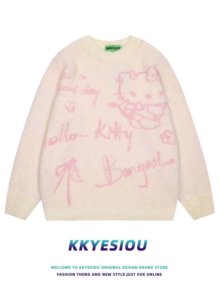 Áo len dệt kim kiểu Nhật KKyesiou Hello Kitty phong cách thường ngày dành cho nữ mùa thu đông 2024, phong cách đường phố Mỹ, tạo cảm giác năng động.