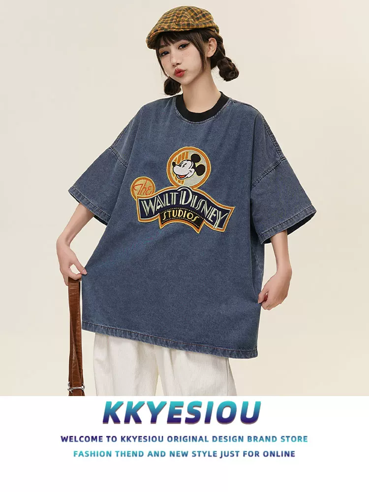 Áo thun ngắn tay thêu hình chuột thương hiệu KKyesiou hợp thời trang dành cho nam và nữ áo denim oversize đa năng dành cho cặp đôi