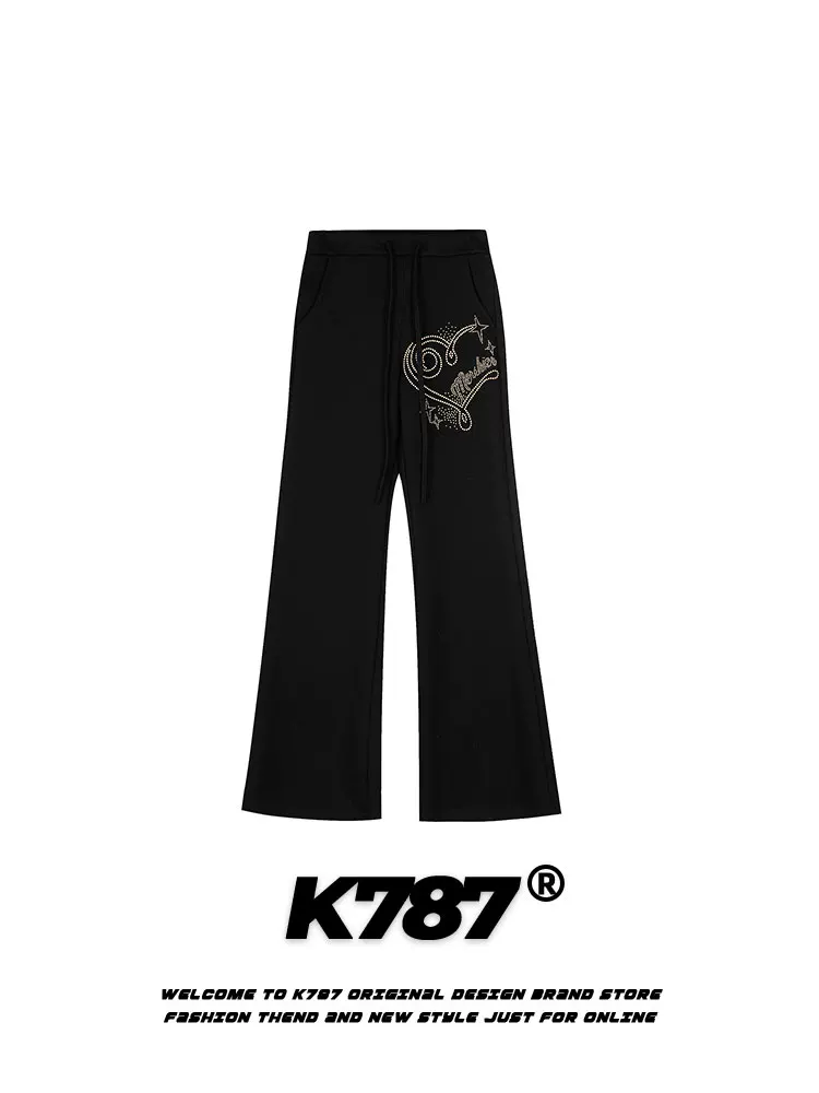 Quần thể thao unisex dáng rộng ống đứng cạp cao phong cách đường phố, kiểu dáng retro Mỹ, đính đá, mã K787
