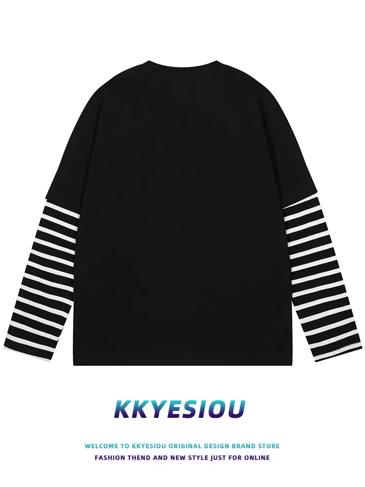 KKyesiou Áo thể thao giả hai mảnh kiểu Nhật Bản giản dị sọc thể thao unisex giản dị phong cách đại học Áo thun dài tay dành cho cặp đôi