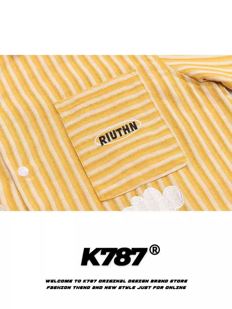 K787 Áo sơ mi ngắn tay sọc thêu hình mèo cổ điển kiểu Mỹ unisex cổ điển đa năng dành cho cặp đôi