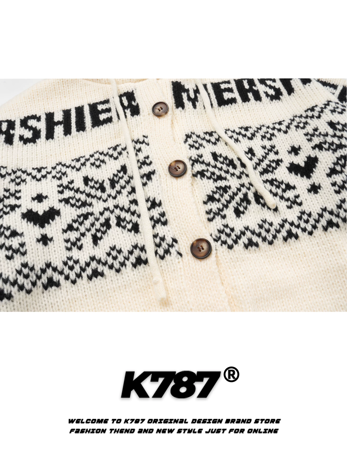 K787 Áo len dệt kim kiểu cổ điển kiểu Mỹ Fair Isle dành cho nam và nữ áo khoác len có mũ trùm đầu phong cách cổ điển lười biếng