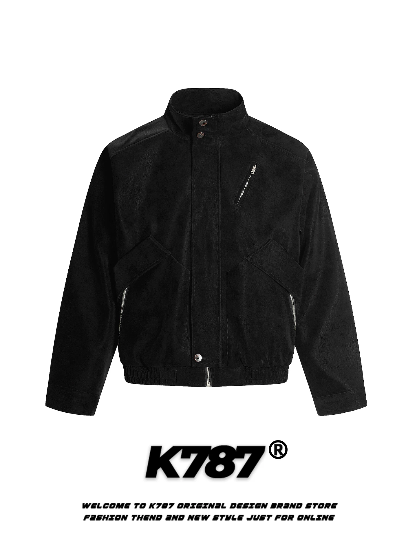 K787 Áo khoác da lộn ngắn cổ đứng phong cách retro cleanfit của Mỹ dành cho nam và nữ, áo khoác cặp đôi giản dị theo xu hướng quốc gia