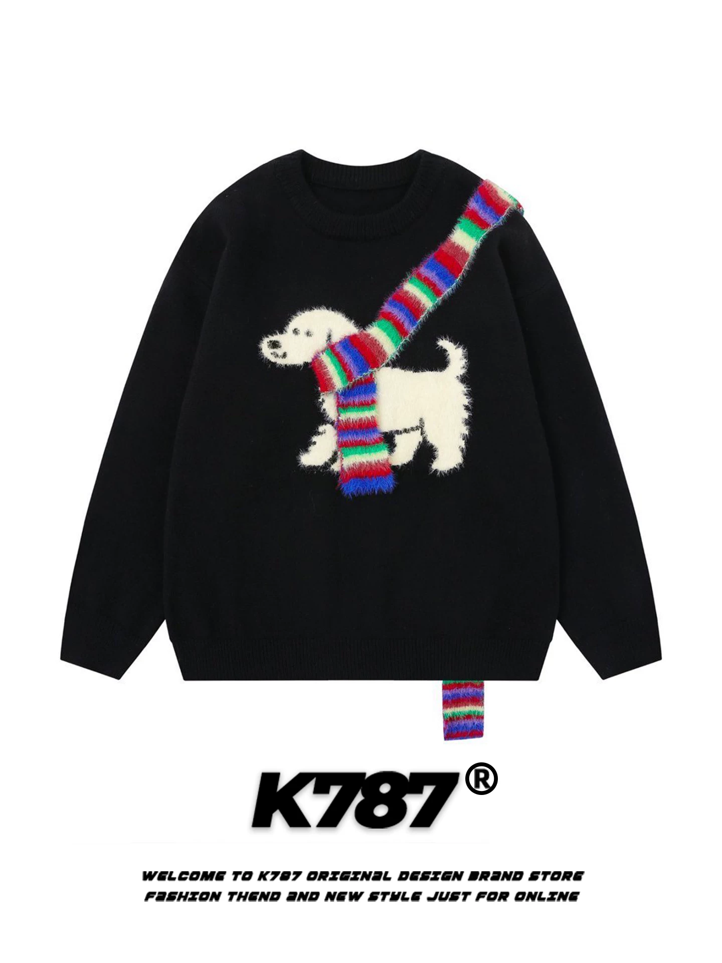 Áo len cổ tròn unisex kiểu dáng rộng rãi, chất liệu len dệt kim, họa tiết cầu vồng retro Mỹ, kiểu dáng cặp đôi, mã K787