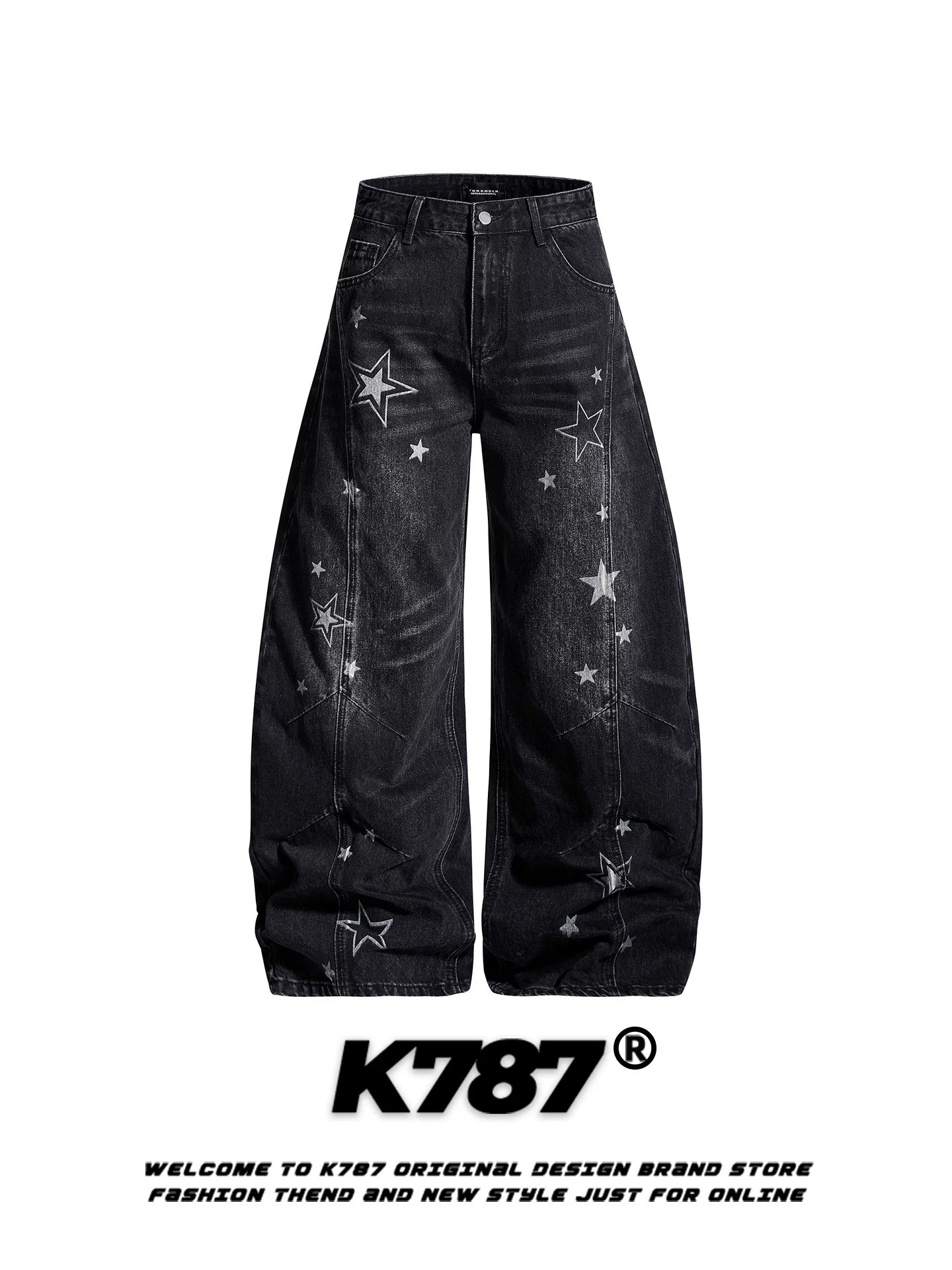 Quần jeans unisex K787 kiểu Mỹ cổ điển, họa tiết sao, rách, dáng rộng, cạp cao, phong cách thường ngày, ống rộng, kiểu dáng thời thượng