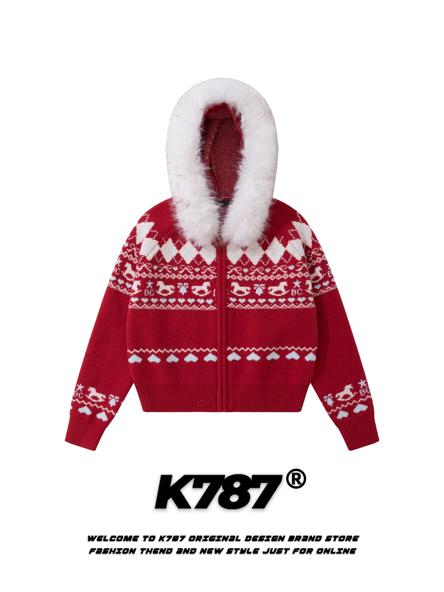Áo len dệt kim có mũ trùm đầu cổ lông kiểu Fair Isle, phong cách thường ngày Mỹ, dành cho nữ, màu đỏ Giáng sinh, kiểu dáng trẻ trung, áo khoác len ngắn K787