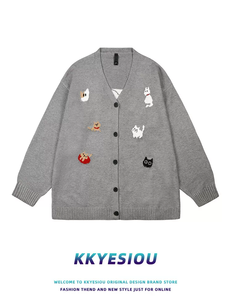 Áo len dệt kim cổ chữ V phong cách Nhật Bản KKyesiou, họa tiết mèo chó hoạt hình, unisex, phong cách đại học, đa năng, áo len thường ngày