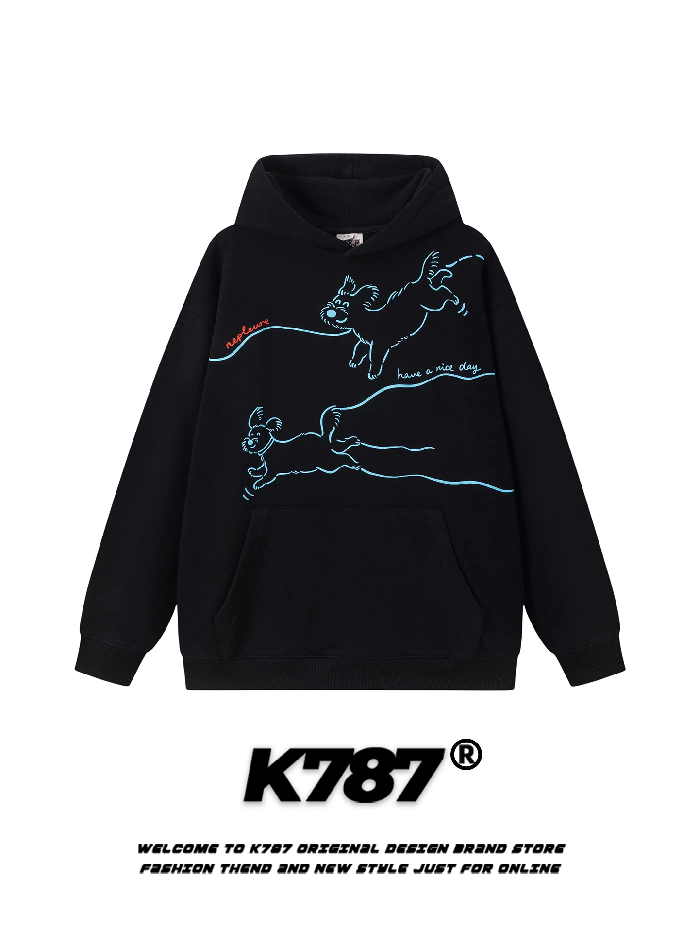 Áo hoodie chó vẽ tay phong cách retro Mỹ K787 dành cho nam, kiểu dáng rộng rãi, phong cách sinh viên, áo khoác cặp đôi đi làm