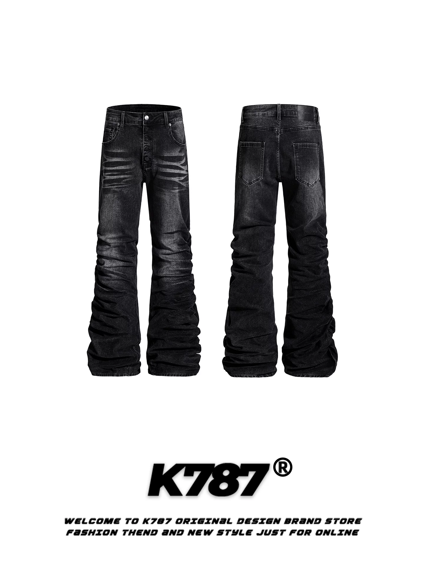 Quần jeans xếp ly dáng rộng kiểu Mỹ cổ điển K787 dành cho nam và nữ, chất liệu washed, kiểu dáng thẳng đứng, cạp cao, tôn dáng, dài.