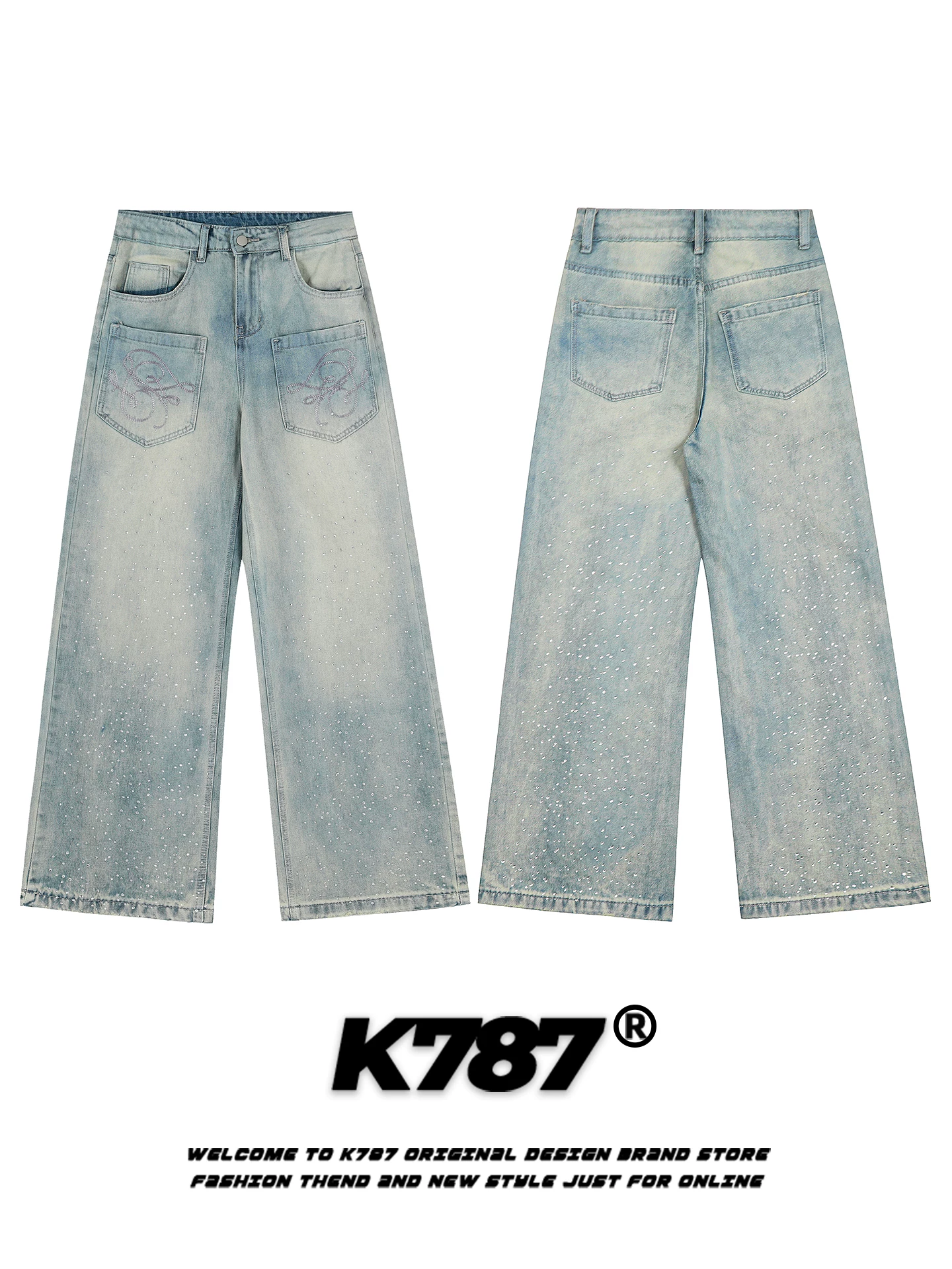 Quần jeans đính đá phong cách đường phố Mỹ K787 dành cho nam và nữ, nhiều túi, cạp cao, dáng rộng, ống thẳng, ống rộng, phong cách thường ngày
