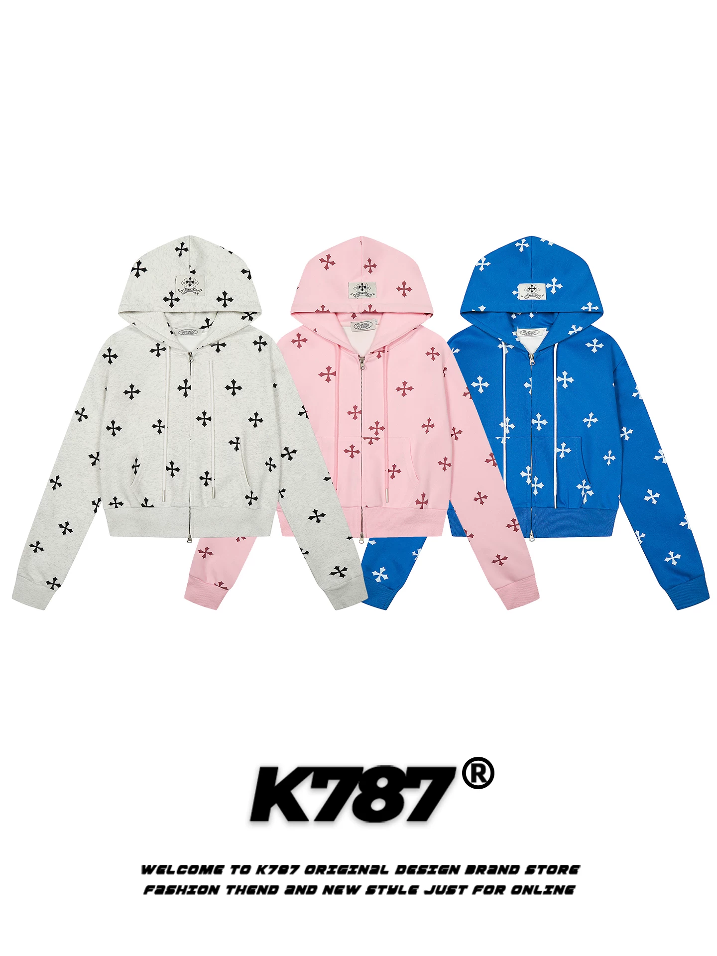 Áo hoodie ngắn màu xanh Klein K787 dành cho nữ, quần thể thao ống rộng dáng thẳng, phong cách thể thao trẻ trung, năng động