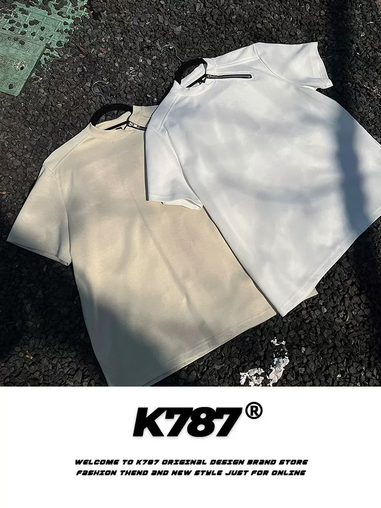 K787 Áo thun ngắn tay phong cách retro cleanfit kiểu Mỹ có khóa kéo bên hông unisex màu trơn đa năng đi lại