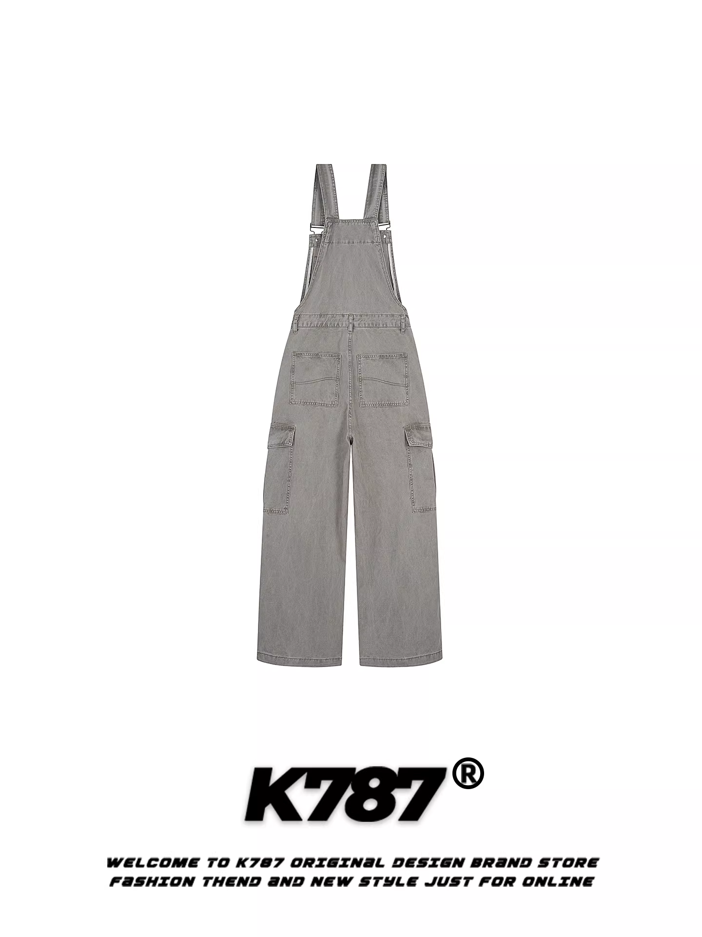 Quần yếm đa túi kiểu Mỹ cổ điển K787 dành cho nam và nữ, thiết kế rộng rãi, quần ống rộng dài chấm đất, kiểu dáng đơn giản.