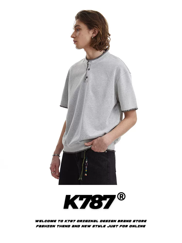 K787 Áo thun ngắn tay cổ đứng phong cách retro Mỹ cleanfit dành cho nam và nữ áo ngắn giản dị cleanfit