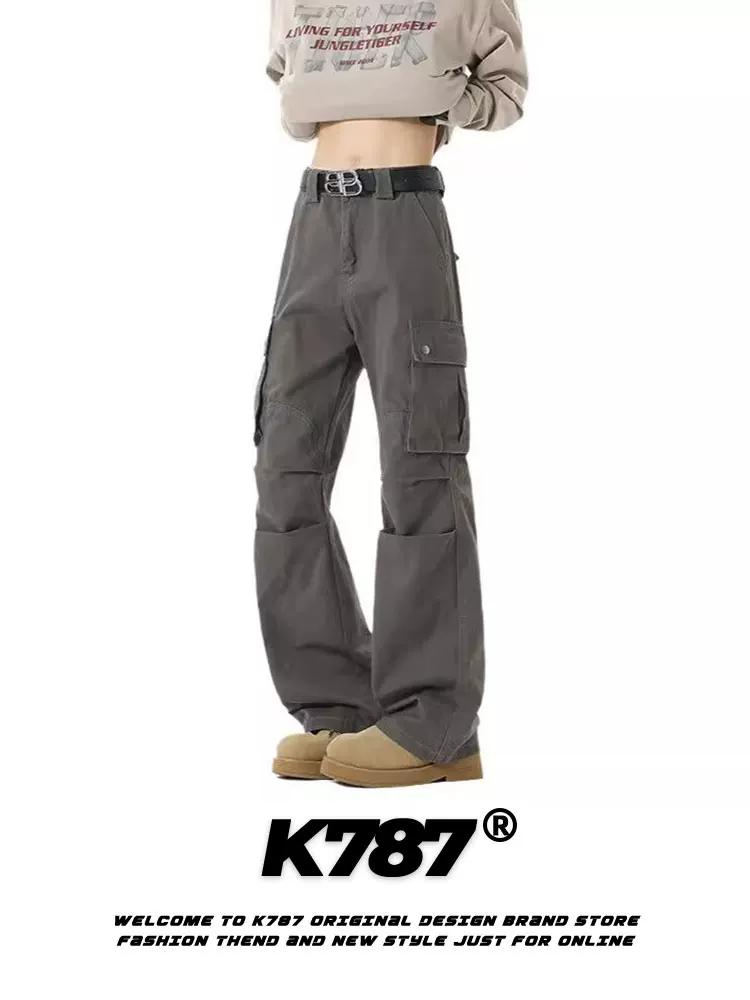 Quần cargo ống loe kiểu Mỹ cổ điển K787, chất liệu washed, xước nhẹ, dành cho nam, nhiều túi, cạp cao, đa năng, phong cách hip-hop, dáng thẳng.