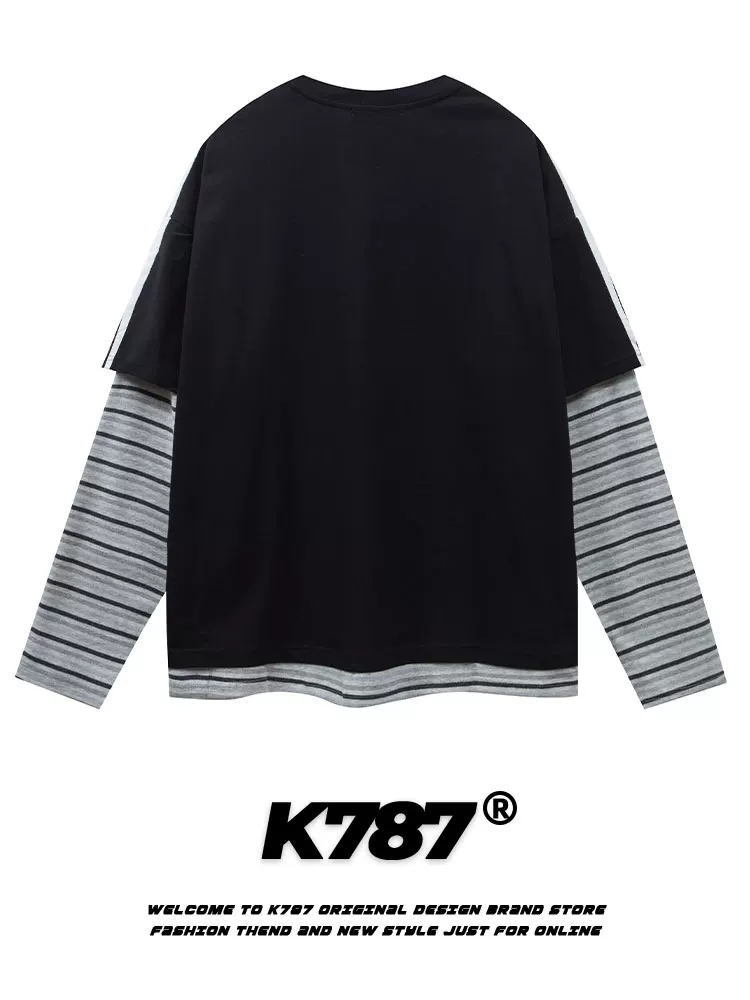 K787 Áo thun giả hai mảnh in họa tiết cổ điển kiểu Mỹ unisex oversize thể thao dài tay áo thun dài tay