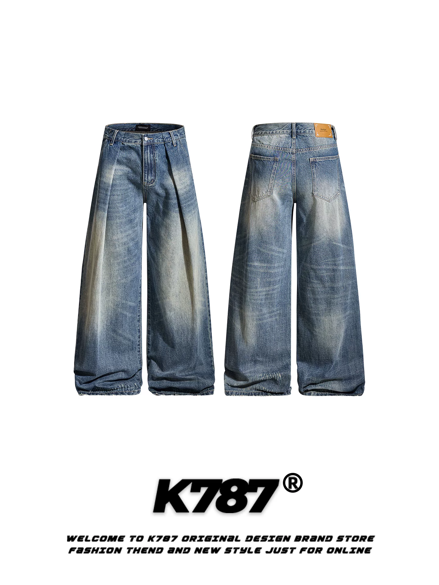 Quần jeans K787 kiểu Mỹ cổ điển, xước, nhăn, rách, unisex, dáng rộng, phong cách đường phố, dài chấm đất, cạp cao, ống thẳng, ống rộng
