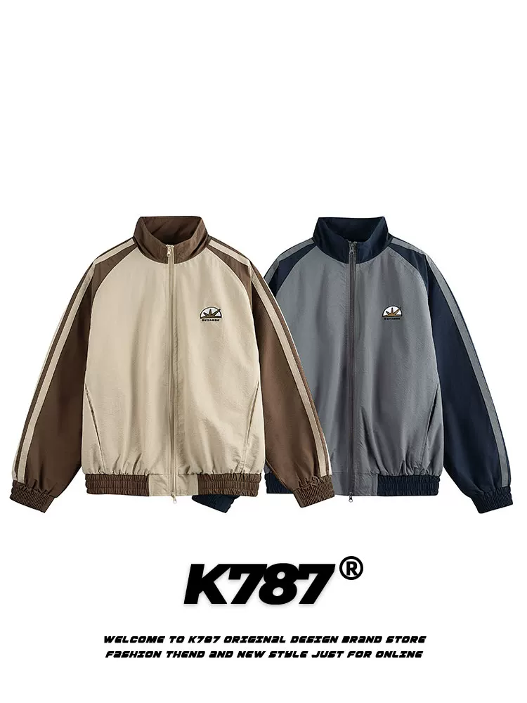 Áo khoác cổ đứng thêu phối màu sọc kiểu Mỹ cổ điển K787, unisex, thời trang, dáng rộng, thể thao, thường ngày, dành cho cặp đôi