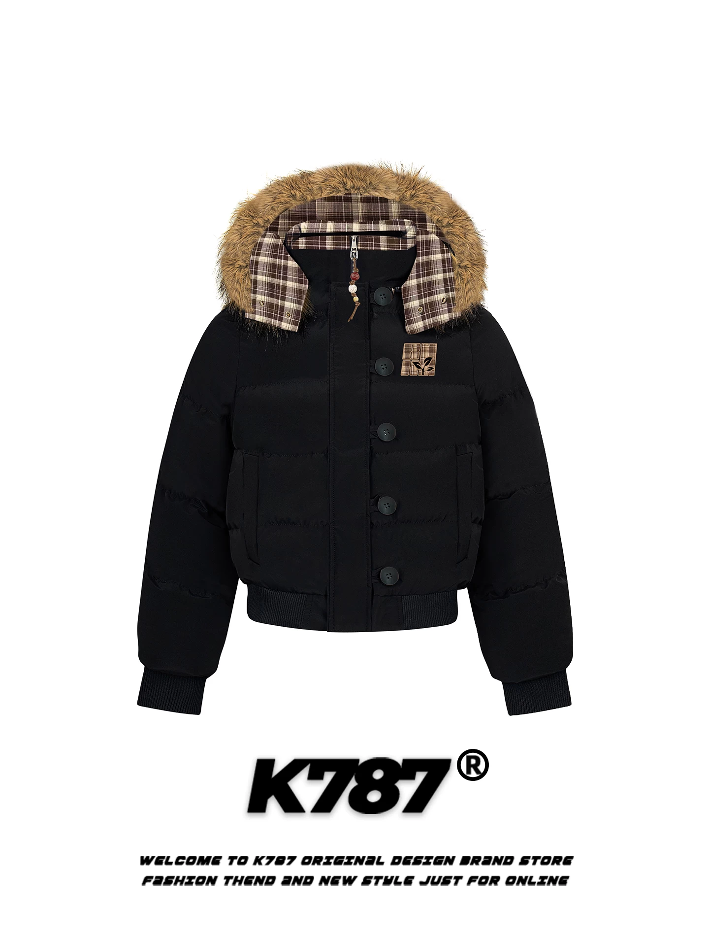 Áo khoác cotton có mũ trùm đầu, cổ lông lớn thêu kiểu Mỹ cổ điển K787 dành cho nữ, dáng rộng, tôn dáng, ấm áp, có dây rút eo, áo khoác cotton ngắn.