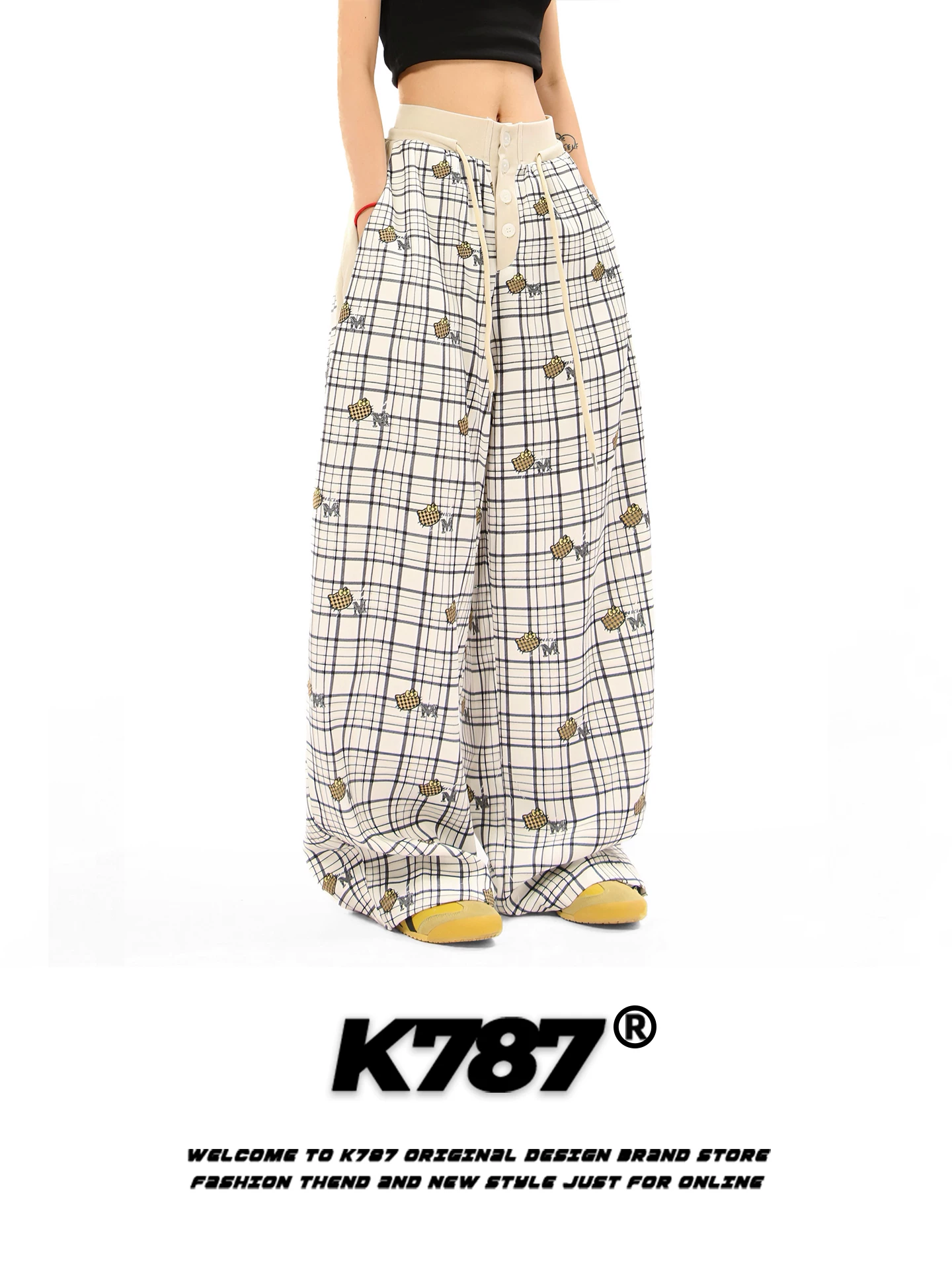 Quần nữ K787 kiểu Mỹ, chất liệu cotton, họa tiết sọc, dáng rộng, cạp chun, cạp cao, ống rộng, dài chấm đất.