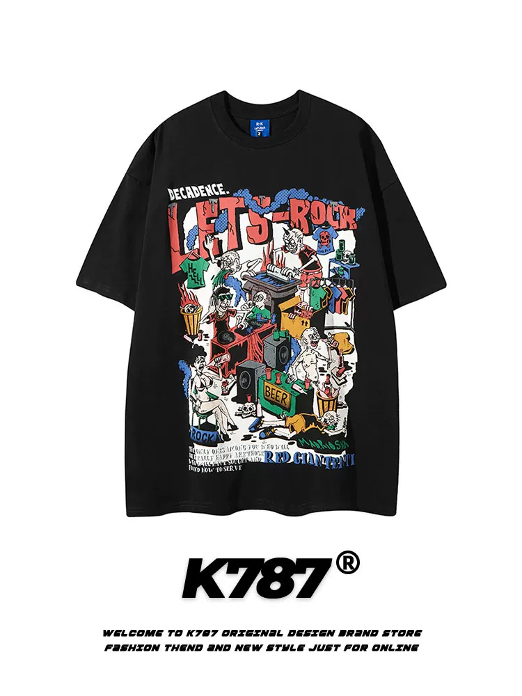 K787 Áo thun ngắn tay phong cách retro quốc gia Mỹ theo xu hướng hip-hop graffiti dành cho nam và nữ áo thun oversize đường phố cao cấp đa năng dành cho cặp đôi