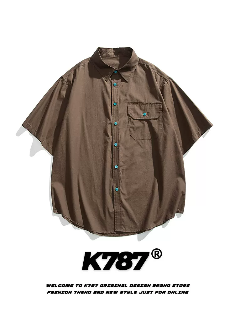 K787 Áo sơ mi ngắn tay đa năng phong cách đại học cổ điển của Mỹ dành cho nam và nữ Áo cardigan nửa tay màu trơn cổ điển dành cho mùa hè