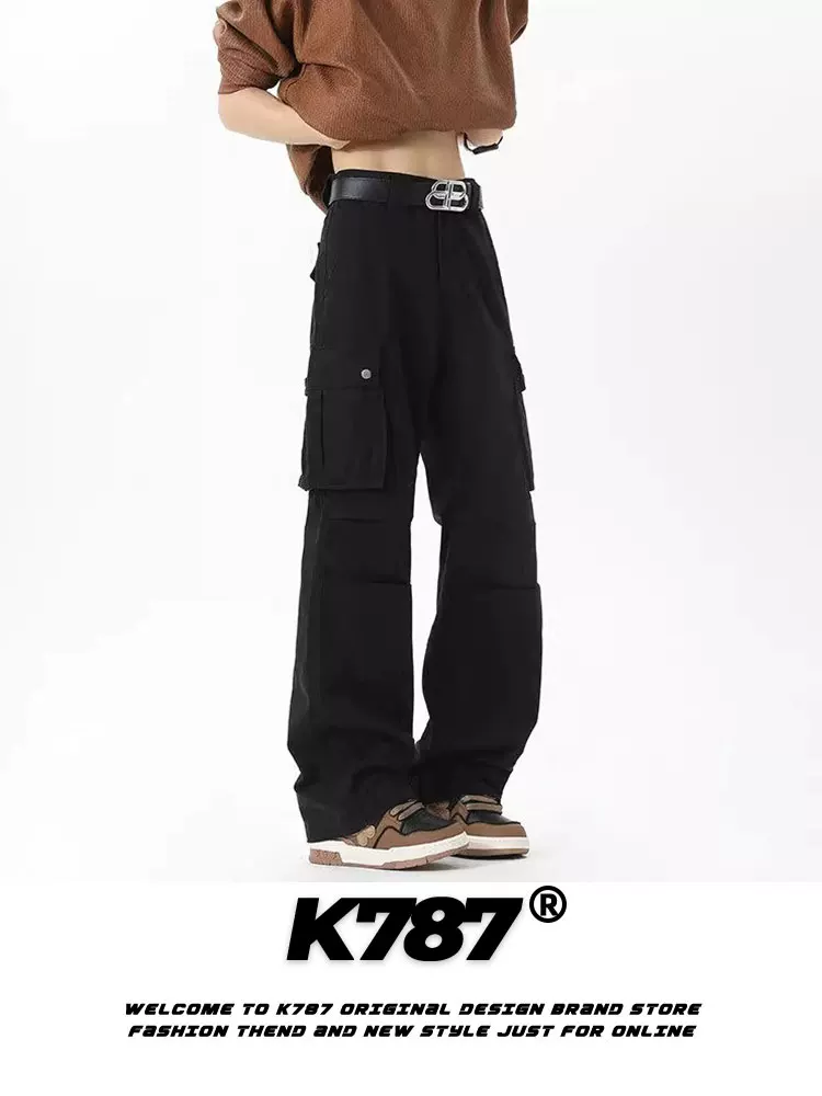 Quần cargo ống loe kiểu Mỹ cổ điển K787, chất liệu washed, xước nhẹ, dành cho nam, nhiều túi, cạp cao, đa năng, phong cách hip-hop, dáng thẳng.