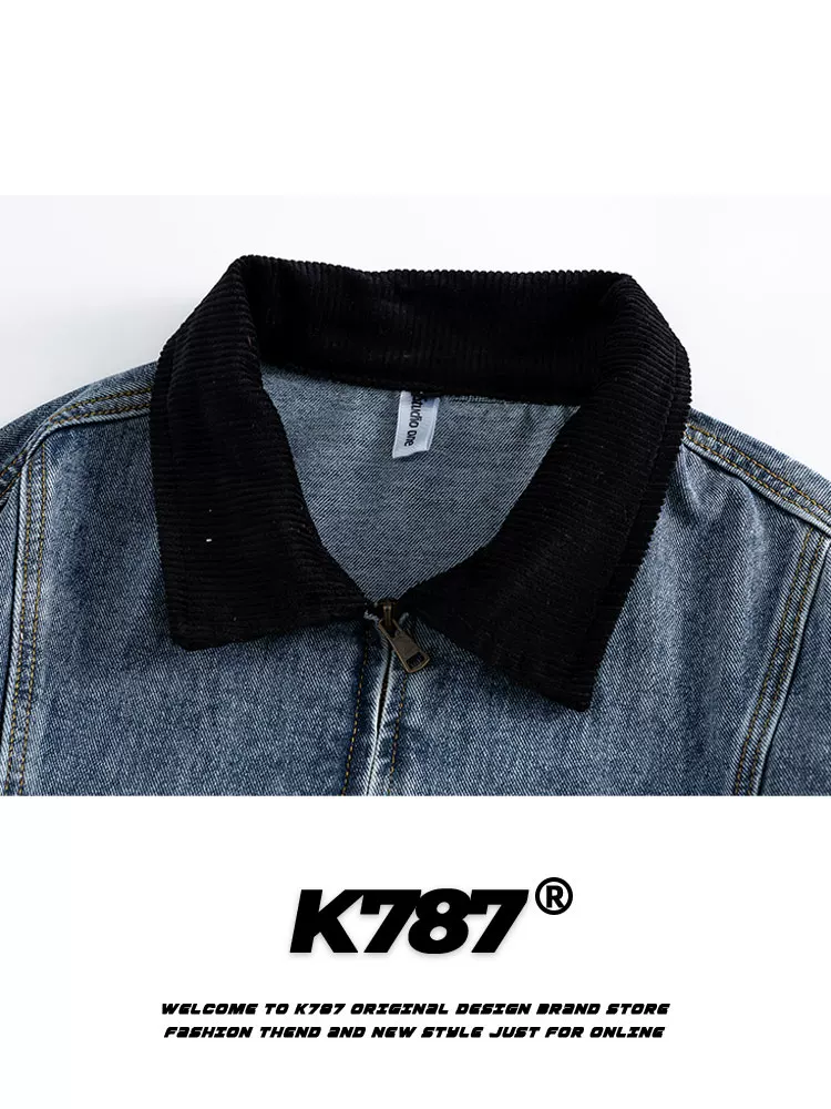 Áo khoác denim kiểu dáng cổ điển Mỹ K787, phong cách retro, chất liệu denim xước, kiểu dáng unisex, áo khoác cặp đôi, phong cách vintage, kiểu dáng công nhân.