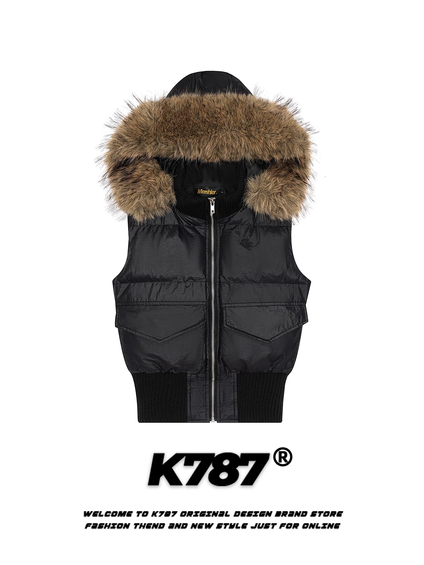 Áo khoác vest cotton có mũ trùm đầu, cổ lông thú lớn, phong cách retro Mỹ K787 dành cho nữ, áo khoác cotton dày dặn giữ ấm mùa đông.