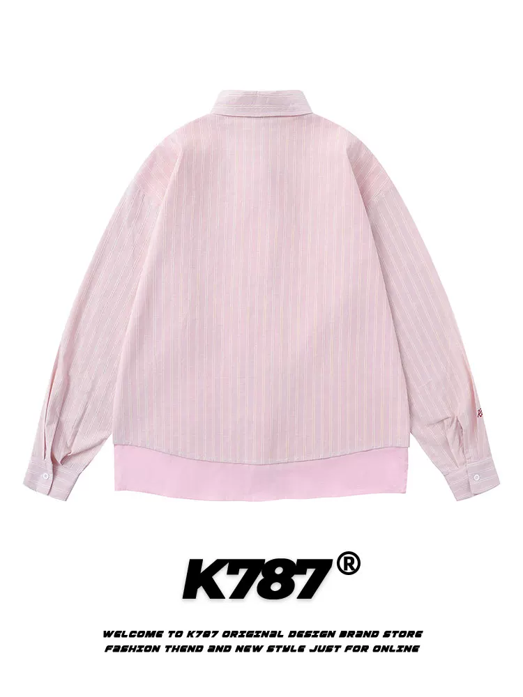 Áo khoác mỏng kiểu dáng unisex K787 phong cách retro Mỹ, phối màu hồng, họa tiết sọc giả hai lớp, tay dài, mùa xuân 2025
