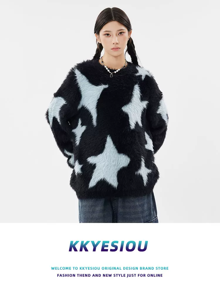 Áo len dệt kim hình sao mohair kiểu dáng cổ điển Mỹ, thương hiệu KKyesiou, unisex, dáng rộng, mặc thường ngày, dành cho cặp đôi